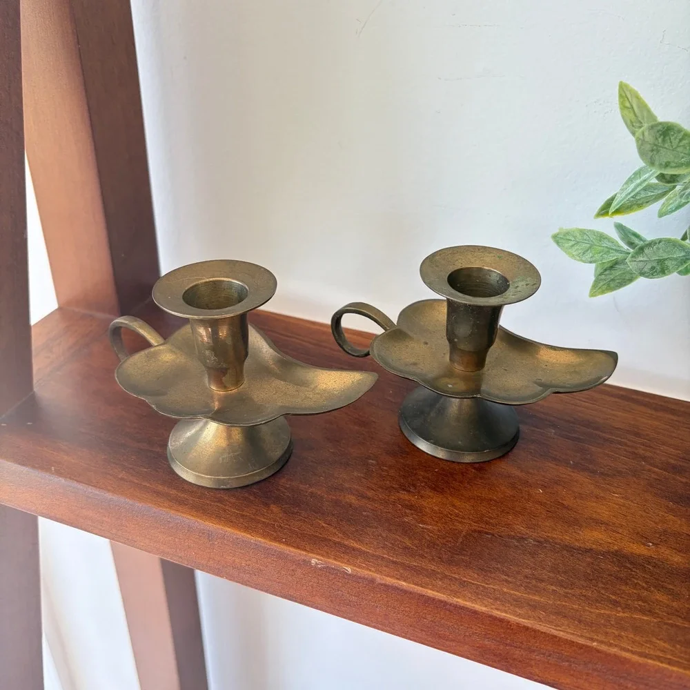 Vintage Brass Leaf Chamberstick Candle Holder Pair with Finger Loop Handle